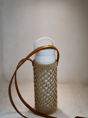 Crochet Cotton and Leather Water Bottle Holder