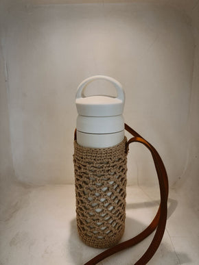 Crochet Cotton and Leather Water Bottle Holder